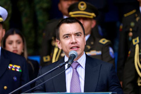 Ecuador's President Daniel Noboa speaks during a ceremony to deliver equipment to the National Police, amid the ongoing wave of violence around the nation, in Quito, Ecuador, January 22, 2024.
