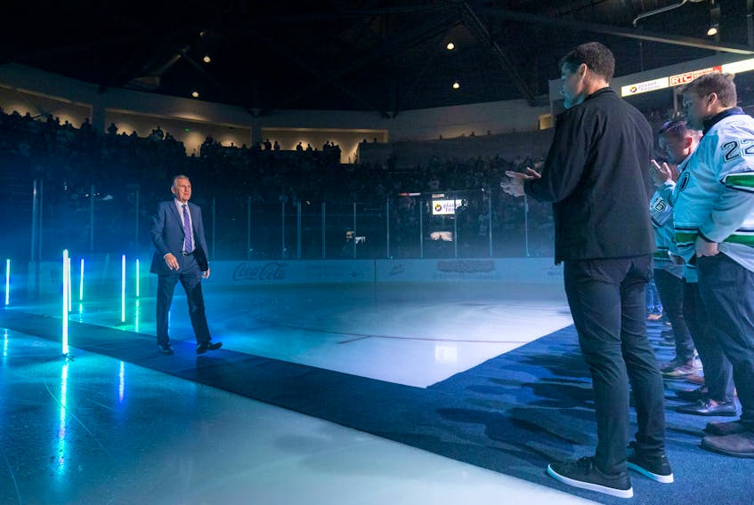  Don Nachbaur, who was head coach of the Seattle Thunderbirds from 1994-2000, was in attendance in early November as the Western Hockey League club honoured Patrick Marleau by retiring his jersey. Nachbaur, left, and Marleau spent two seasons together in Seattle.