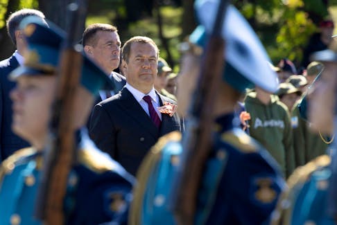 Deputy head of Russia's Security Council Dmitry Medvedev takes part in ceremonial events, that mark the anniversary of the World War Two victory over Japan, in Glory Square in the far eastern city of Yuzhno-Sakhalinsk, Russia, September 3, 2023. Sputnik/Yekaterina Shtukina/Pool via
