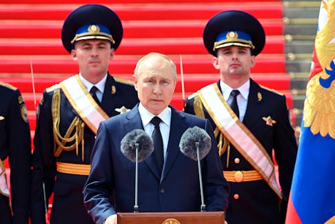 Russian President Vladimir Putin addresses members of Russian military units, the National Guard and security services to pay honour to armed forces that upheld order during recent mutiny, in Cathedral Square at the Kremlin in Moscow on June 27. Sputnik/Sergei Guneev/Pool via REUTERS