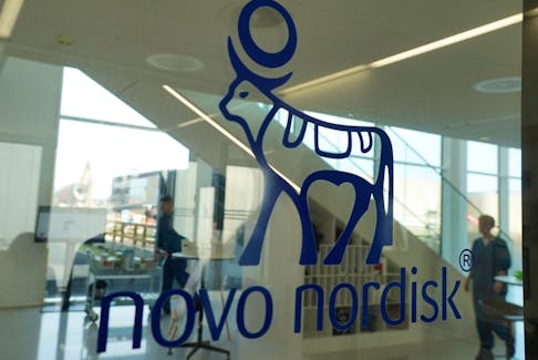 The logo of Danish drugmaker Novo Nordisk in their offices in Hillerod, Denmark, September 26, 2023.