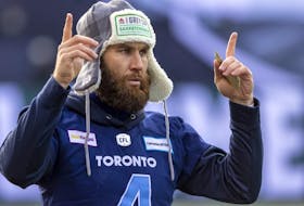 Toronto Argonauts quarterback McLeod Bethel-Thompson (4) runs through play calls during walk-through practice at Mosaic Stadium on Nov. 19, 2022 in Regina.