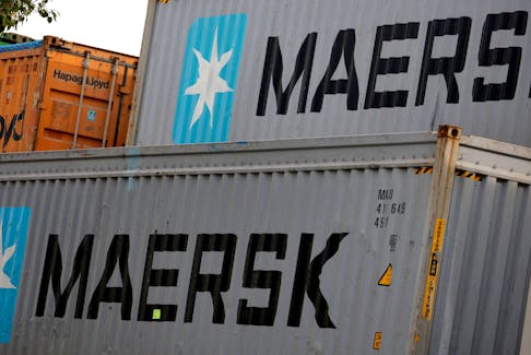 Maersk's logo is seen in stored containers at Zona Franca in Barcelona, Spain, November 3, 2022.