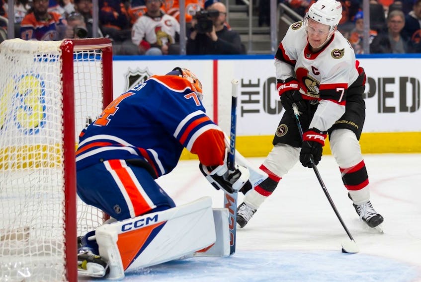 Brady Tkachuk of the Ottawa Senators takes a shot against goaltender Stuart Skinner of the Edmonton Oilers during the second period at Rogers Place on Jan. 6, 2024. The Senators lost 3-1 and have now dropped nine of their past 12 games.