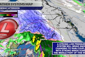 Snow changing to rain coupled with strong winds will roll across the Maritimes through Wednesday.