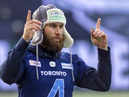 Toronto Argonauts quarterback McLeod Bethel-Thompson (4) runs through play calls during walk-through practice at Mosaic Stadium on Nov. 19, 2022, in Regina.