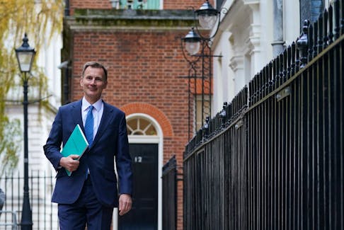 Chancellor of the Exchequer Jeremy Hunt leaves 11 Downing Street for the House of Commons to deliver his autumn statement, in London, Britain, November 22, 2023. Stefan Rousseau/Pool via