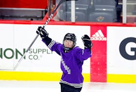 Grace Zumwinkle of Minnesota celebrates her hat trick against Montreal in the third period at Xcel Energy Center on Saturday, Jan. 6, 2024, in St Paul, Minn. Zumwinkle, who scored the first hat trick in PWHL history against Boston, will take on PWHL Toronto Wednesday, Jan. 10, 2024, in St. Paul, Minn.