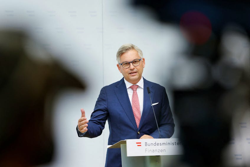 Austrian Finance Minister Magnus Brunner attends a press conference in Vienna, Austria, August 8, 2023.