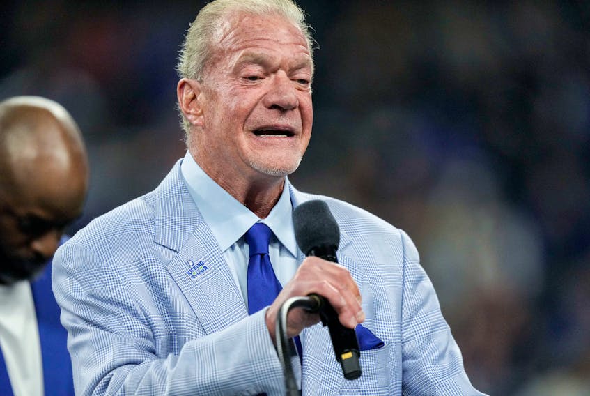 Oct 30, 2022; Indianapolis, Indiana, USA; Indianapolis Colts owner Jim Irsay speaks at a Ring of Honor induction ceremony for Tarik Glenn on Sunday, Oct. 30, 2022, during a game against the Washington Commanders at Indianapolis Colts at Lucas Oil Stadium in Indianapolis. Mandatory Credit: Max Gersh/IndyStar-USA TODAY Sports/File Photo