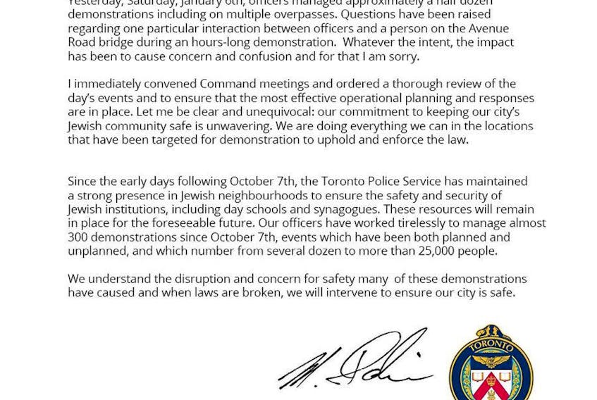  Toronto Police were already facing widespread public opposition for seemingly refusing to clear an illegal blockade targeting one of the city’s most conspicuously Jewish communities. So, on Jan. 6 it was particularly bad optics when a smiling Toronto Police officer was captured on camera delivering coffee and donuts to blockaders. Above is the subsequent statement issued by Toronto Police Chief Myron Demkiw, which hasn’t really alleviated criticisms that police are taking a soft line on anti-Israel demonstrators.