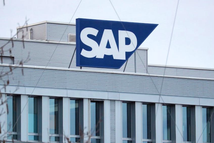 The logo of German software group SAP is pictured at the headquarters of SAP (Schweiz) AG in Regensdorf, Switzerland January 22, 2021.REUTERS/Arnd Wiegmann/File Photo