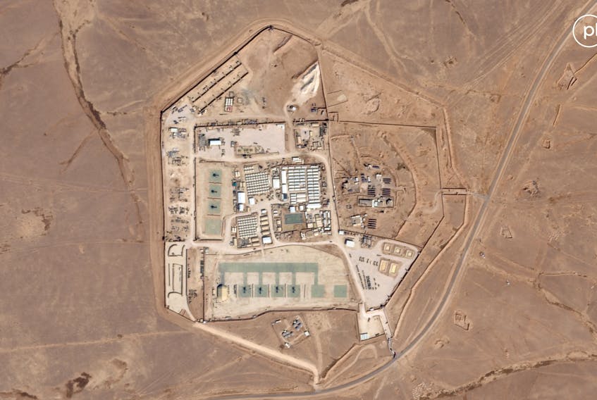 Satellite view of the U.S. military outpost known as Tower 22, in Rukban, Rwaished District, Jordan October 12, 2023 in this handout image. Planet Labs PBC/Handout via