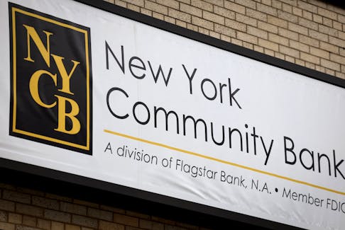 A sign is pictured above a branch of the New York Community Bank in Yonkers, New York, U.S., January 31, 2024.