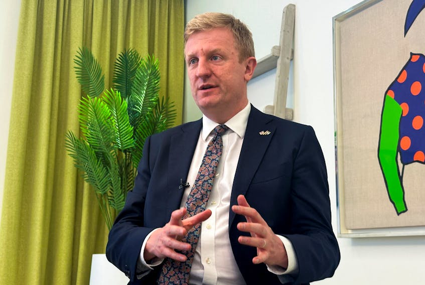 British Deputy Prime Minister Oliver Dowden speaks to Reuters during his visit to Abu Dhabi, United Arab Emirates, February 1, 2024.