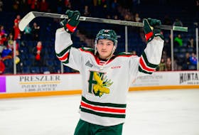 Halifax Mooseheads forward Lou-Felix Denis celebrates a 7-0 win over the Charlottetown Islanders at the Scotiabank Centre on Saturday. - Halifax Mooseheads