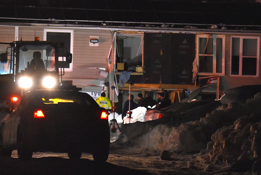 Emergency officials are shown at Silver Birch Manor in Sydney on Friday night. Officials were called to the seniors complex Friday afternoon following a report of an explosion. One person was sent to hospital and about 60 tenants were displaced. JEREMY FRASER/CAPE BRETON POST