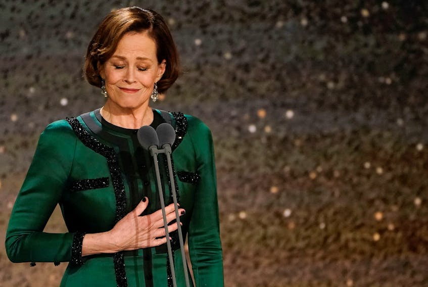 Sigourney Weaver reacts as she accepts the International Goya Award during the Spanish Film Academy's Goya Awards ceremony in Valladolid, Spain February 11, 2024.
