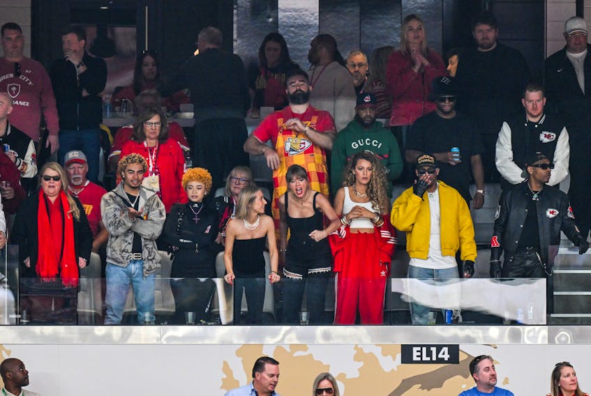 Ice Spice, Brittany Mahomes, Jason Kelce (second row) , Taylor Swift and Blake Lively attend Super Bowl LVIII between the San Francisco 49ers and the Kansas City Chiefs at Allegiant Stadium in Las Vegas on Sunday, Feb. 11, 2024. - Anthony Behar /Sipa USA via Reuters