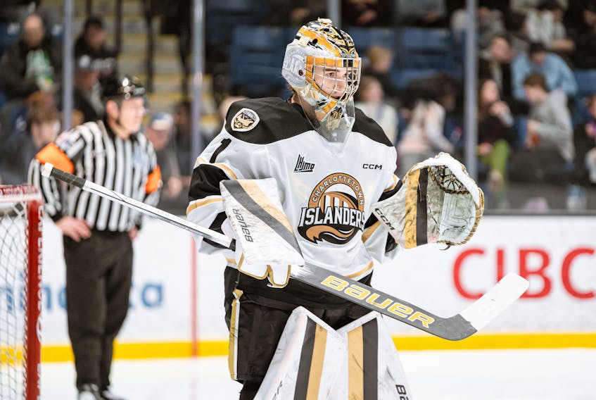 Charlottetown Islanders goaltender Carter Bickle prepares for the resumption of play in a Quebec Maritimes Junior Hockey League (QMJHL) game against the Saint John Sea Dogs at Eastlink Centre on Feb. 9. Bickle earned his first QMJHL shutout in the Islanders’ 2-0 win. Ellison Media Photo/Charlottetown Islanders