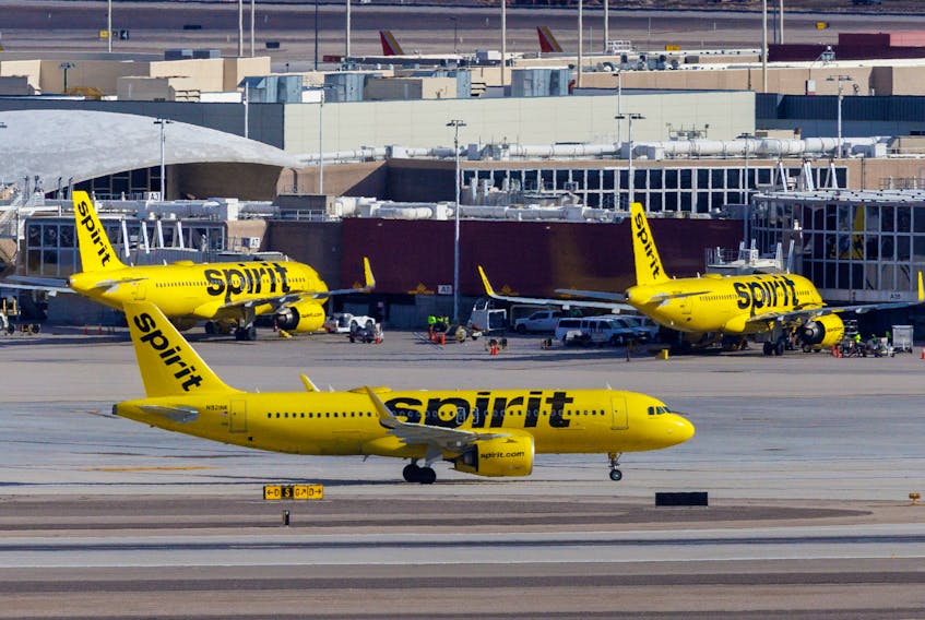 Spirit Airlines commercial airliners are shown at Las Vegas International Airport in Las Vegas, Nevada, U.S., February 8, 2024. 