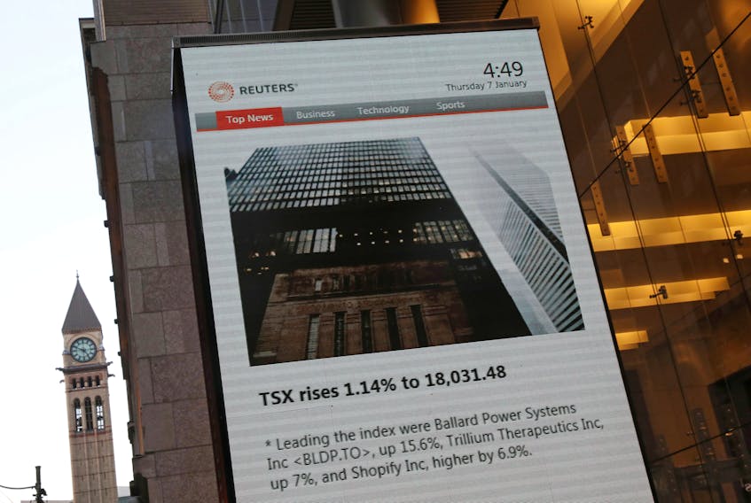 A Reuters screen shows the day's closing price on Canada's main stock index, the Toronto Stock Exchange's S&P/TSX composite index, after it rose to a record high in Toronto, Ontario, Canada January 7, 2021. 
