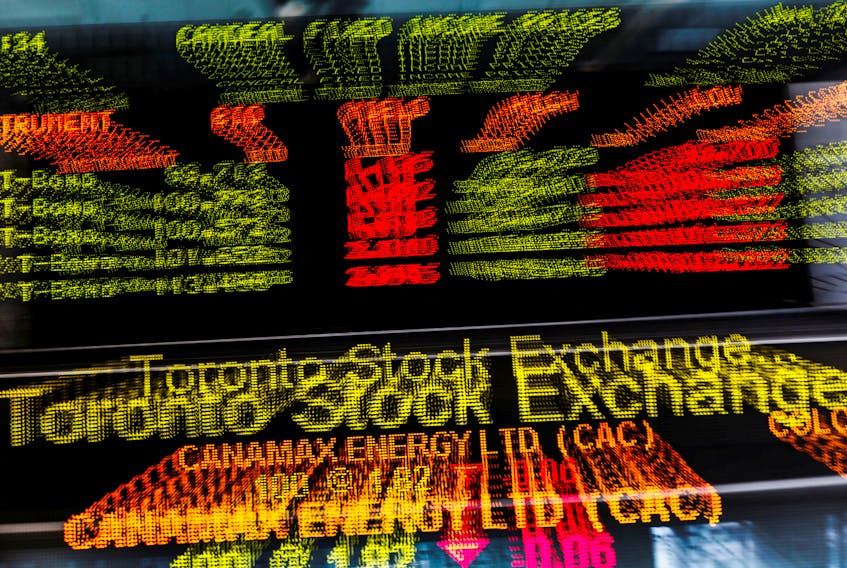 A sign board displaying Toronto Stock Exchange (TSX) stock information is seen in Toronto June 23, 2014. Canada's main stock index was little changed on Monday as weakness in financial and energy shares offset gains in the materials sector.  