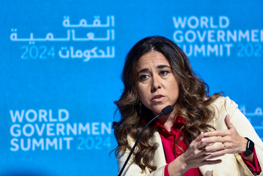 UAE Ambassador to the UN Lana Nusseibeh, speaks during a session titled "Navigating Challenges to International Peace and Security," at the World Governments Summit, in Dubai, United Arab Emirates, February 12, 2024.