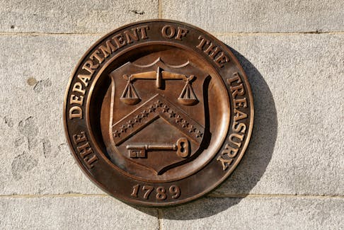 A bronze seal for the Department of the Treasury is shown at the U.S. Treasury building in Washington, U.S., January 20, 2023.?