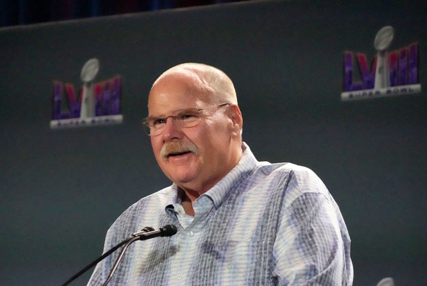 Feb 12, 2024; Las Vegas, NV, USA; Kansas City Chiefs coach Andy Reid speaks at the Super Bowl LVIII Winning Head Coach and Most Valuable Player Press Conference at the Super Bowl 58 media center at the Mandalay Bay North Convention Center. Mandatory Credit: Kirby Lee-USA TODAY Sports