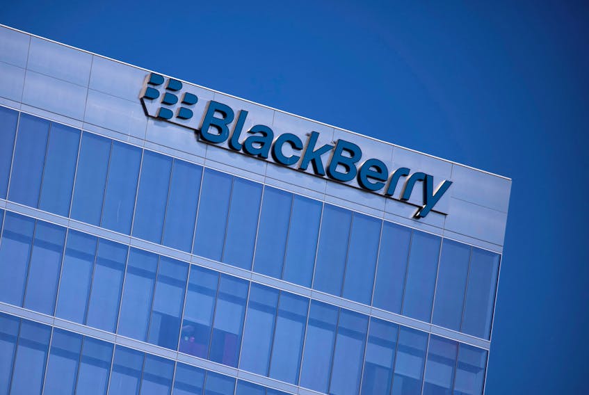 The Blackberry logo is shown on a office tower in Irvine, California, U.S., October 20, 2020.  