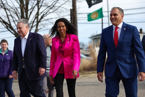 Republican congressional candidate for New York's 3rd district, Mazi Melesa Pilip, arrives for early voting at a polling station in Massapequa, New York, U.S., February 9, 2024.