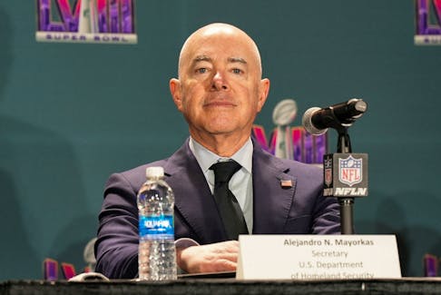 U.S. Homeland Security Secretary Alejandro Mayorkas speaks at a news conference about security for the Super Bowl in Las Vegas, Nevada, U.S. February 7, 2024.