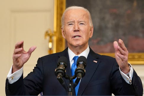 U.S. President Joe Biden speaks about the aid package for Ukraine, from the State Dining Room of the White House in Washington, D.C., U.S., February 13, 2024.