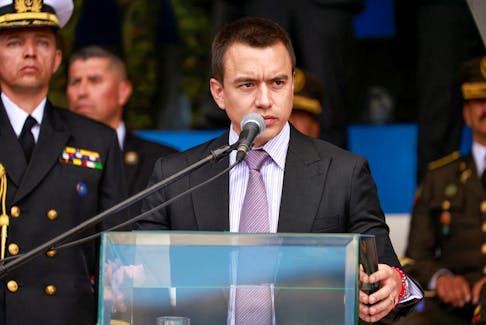 Ecuador's President Daniel Noboa speaks during a ceremony to deliver equipment to the National Police, amid the ongoing wave of violence around the nation, in Quito, Ecuador, January 22, 2024.