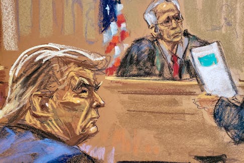 U.S. President Donald Trump and Justice Arthur Engoron of the state Supreme Court listen to opening arguments from his lawyer Alina Habba (not seen), during the trial of Trump, his adult sons, the Trump Organization and others in a civil fraud case brought by state Attorney General Letitia James, at a Manhattan courthouse, in New York City, U.S., October 2, 2023 in this courtroom sketch.