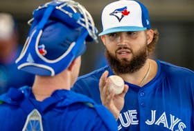 Toronto Blue Jays pitcher Alek Manoah talks about his pitches following a throwing session during Spring Training action in Dunedin, Fla., Thursday, Feb. 15, 2024.