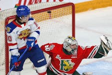 Halifax Mooseheads goalie  Mathis Rousseau is beat on a shot as  Moncton Wildcats Alex Mercier looks on during QMJHL action in Halifax Sunday afternoon February 18, 2024.

TIM KROCHAK PHOTO