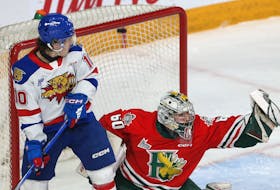 Halifax Mooseheads goalie  Mathis Rousseau is beat on a shot as  Moncton Wildcats Alex Mercier looks on during QMJHL action in Halifax Sunday afternoon February 18, 2024.

TIM KROCHAK PHOTO