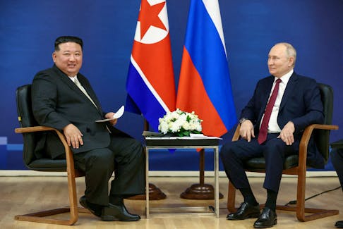 Russia's President Vladimir Putin and North Korea's leader Kim Jong Un attend a meeting at the Vostochny Сosmodrome in the far eastern Amur region, Russia, September 13, 2023. Sputnik/Artem Geodakyan/Pool via