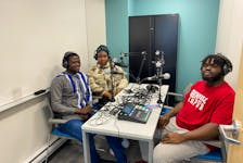 Abdul-Latif Alhassan, left, and Adaeze Charles spoke with Derek Koranteng during an episode of a special Black History Month takeover of the Grenfell Matters podcast by Grenfell Campus Student Union’s Black Student Caucus on Feb. 15, 2024. The Black Student Caucus is using the podcast to bring attention to the challenges