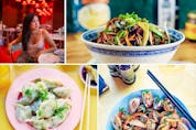 Clockwise from top left: Author and restaurateur Céline Chung, stir-fried vegetable noodles, wok-fried clams and jiaozi. PHOTOS BY GRÉGOIRE KALT