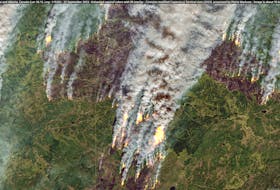 Satellite image shows wildfires in British Columbia and Alberta, Canada, September 24, 2023.  European Union/Copernicus Sentinel-2 via Pierre Markuse/Handout via