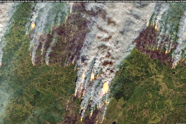 Satellite image shows wildfires in British Columbia and Alberta, Canada, September 24, 2023.  European Union/Copernicus Sentinel-2 via Pierre Markuse/Handout via