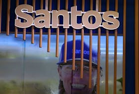 The logo of Australian oil and gas exploration and production company Santos is displayed during the LNG 2023 energy trade show in Vancouver, British Columbia, Canada, July 12, 2023.