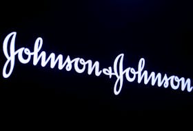 The company logo for Johnson & Johnson is displayed on a screen to celebrate the 75th anniversary of the company's listing at the New York Stock Exchange (NYSE) in New York, U.S., September 17, 2019.