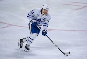 Feb 10, 2024; Ottawa, Ontario, CAN; Toronto Maple Leafs defenseman Morgan Rielly (44) skates with the puck in the third period against the Ottawa Senators at the Canadian Tire Centre. Mandatory Credit: Marc DesRosiers-USA TODAY Sports/File Photo