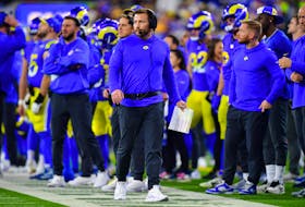 Dec 21, 2023; Inglewood, California, USA; Los Angeles Rams head coach Sean McVay watches game action against the New Orleans Saints during the first half at SoFi Stadium. Mandatory Credit: Gary A. Vasquez-USA TODAY Sports