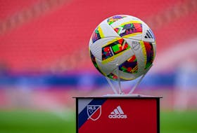 Feb 17, 2024; Frisco, TX, USA; A view of an Adidas MLS soccer ball and the MLS logo before the game between FC Dallas and the D.C. United at Toyota Stadium. Mandatory Credit: Jerome Miron-USA TODAY Sports/File Photo