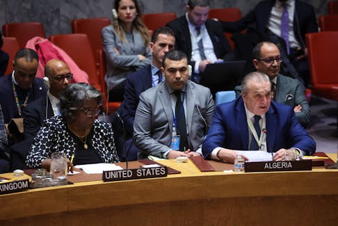 Algeria’s Ambassador to the United Nations Sofiane Mimouni speaks before a vote on a U.N. Security Council resolution to demand an immediate humanitarian ceasefire in Gaza, amid the ongoing conflict between Israel and Hamas, at U.N. headquarters in New York, U.S., February 20, 2024.